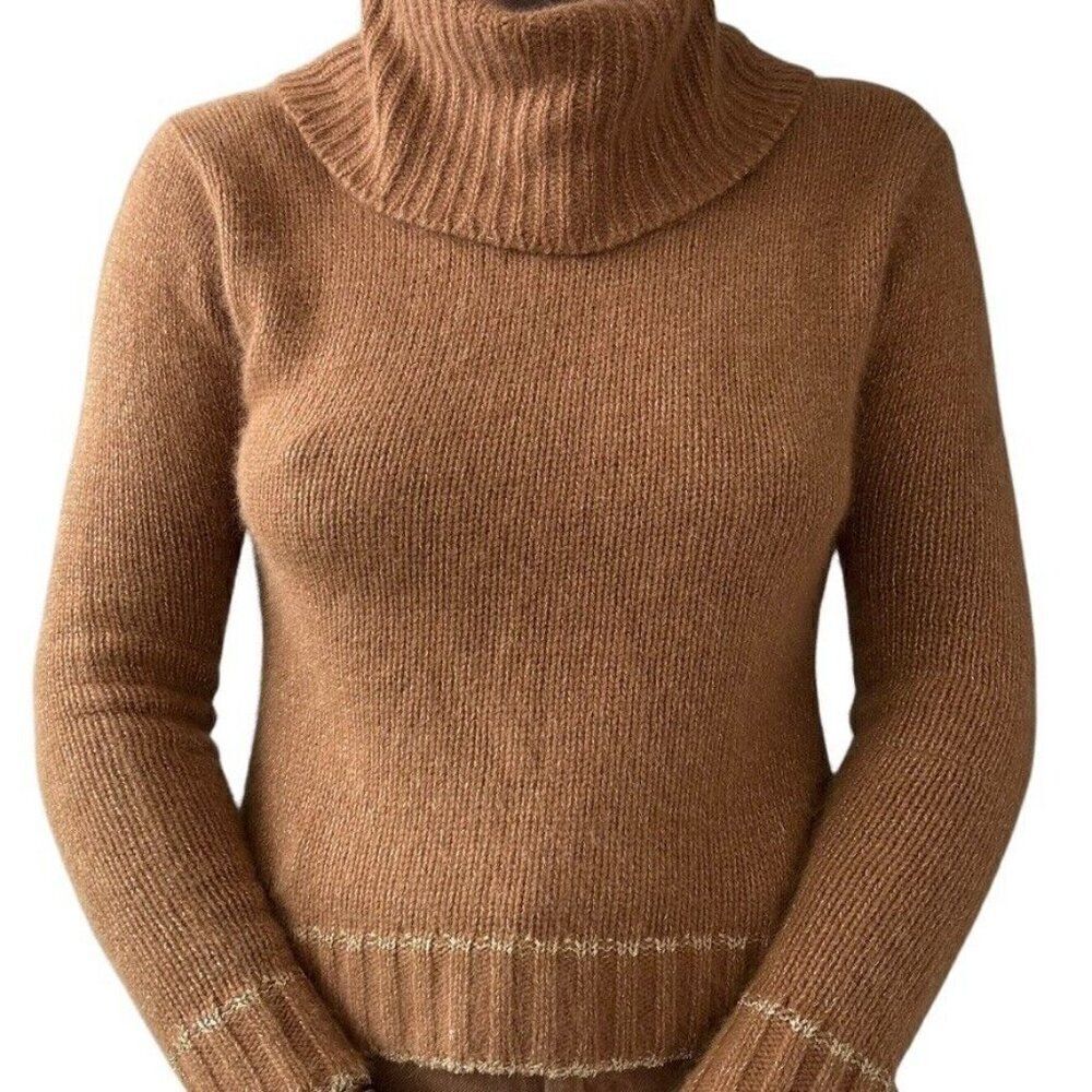 Vintage Womens Tan Brown Gold Angora Blend Soft Fuzzy Fluffy Cowl Neck Sweater S - Picture 1 of 6